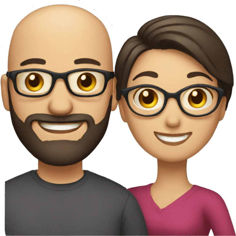 a couple, a man is bald and wearing glasses and beard. The woman is dark haired and smiling curvy emoji