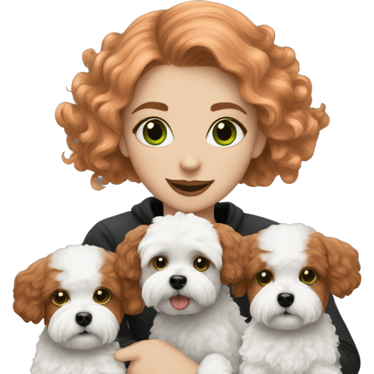 red haired girl with green eyes with her black and white Maltipoo dogs emoji