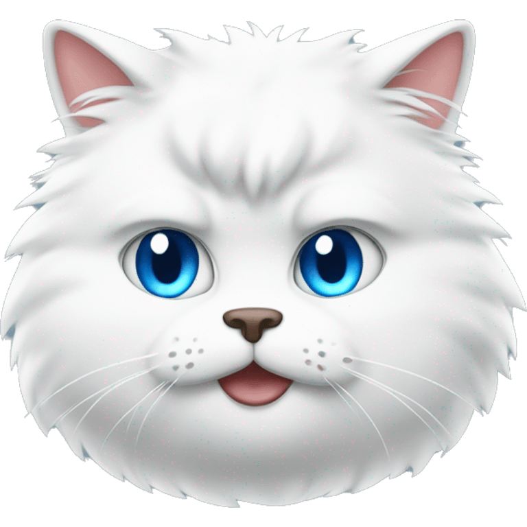 White fluffy fat cat with blue eyes eating steak emoji