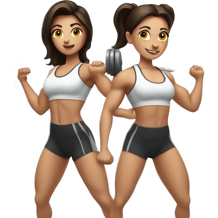 3 strong brunette girls doing weightlifting with a barbell emoji