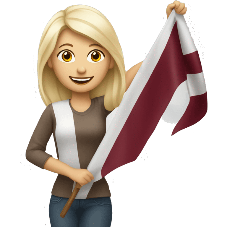 Happy blonde woman with a flag of Latvia in hands emoji