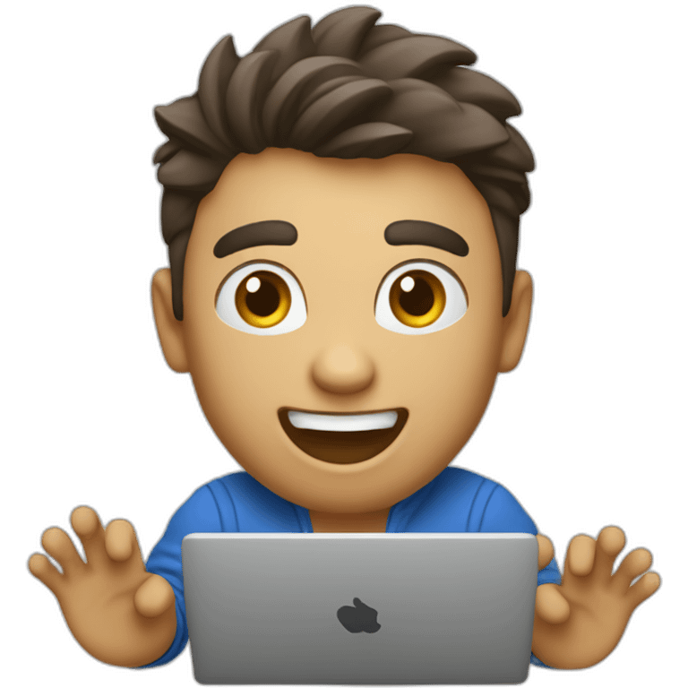 SUPER EXCITED designer with laptop with rasied hand and wohoing emoji