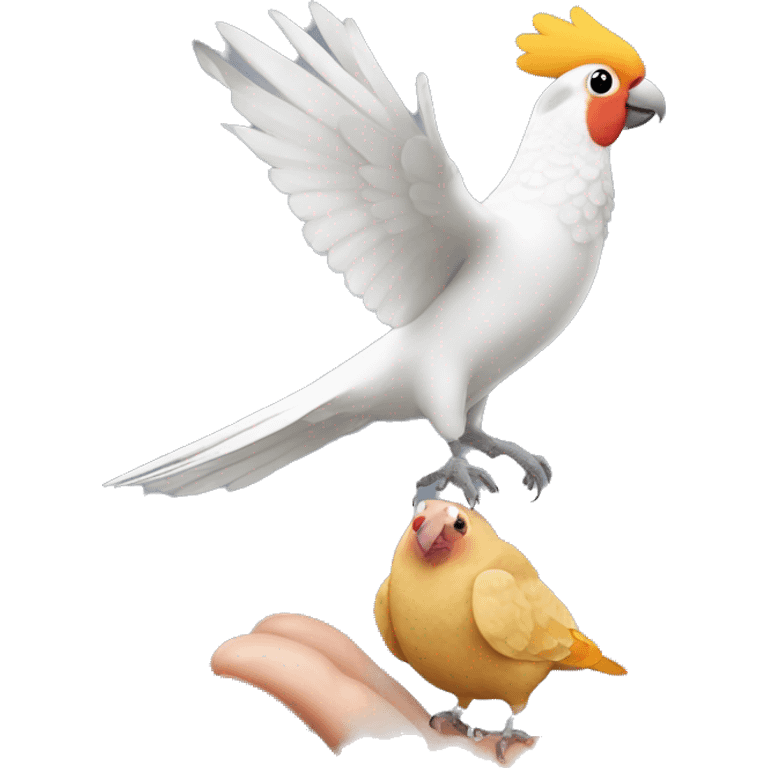 Cockatiel landing on a old lady with ginger curly hair, with also a ringneck dove in her hand  emoji