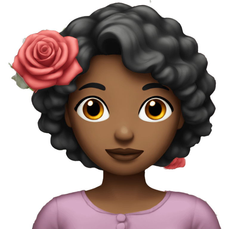 Black haired woman holding rose emoji