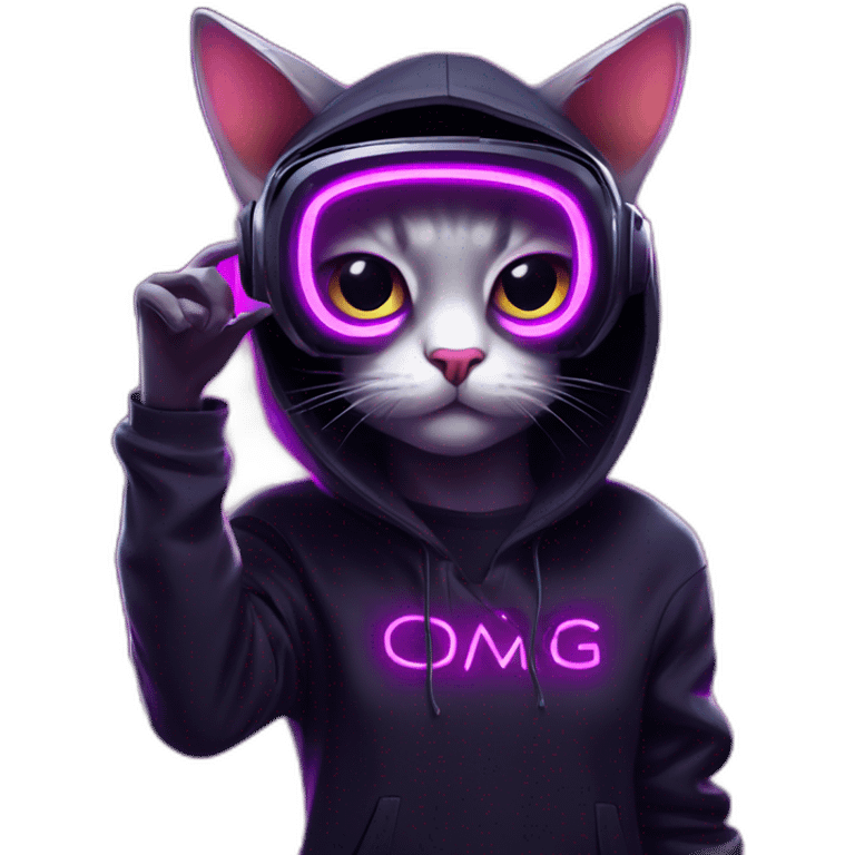 cat wearing a black hoodie with "OMG" letters on it and VR headset in a cyberpunk VR environment with violet neon lighting. emoji