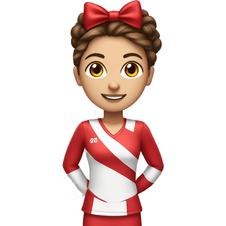 Cheerleader with brown hair, red bow and red Pom poms emoji