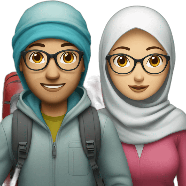 young white man with glasses and woman with hijab, both with backpack for holiday trip emoji