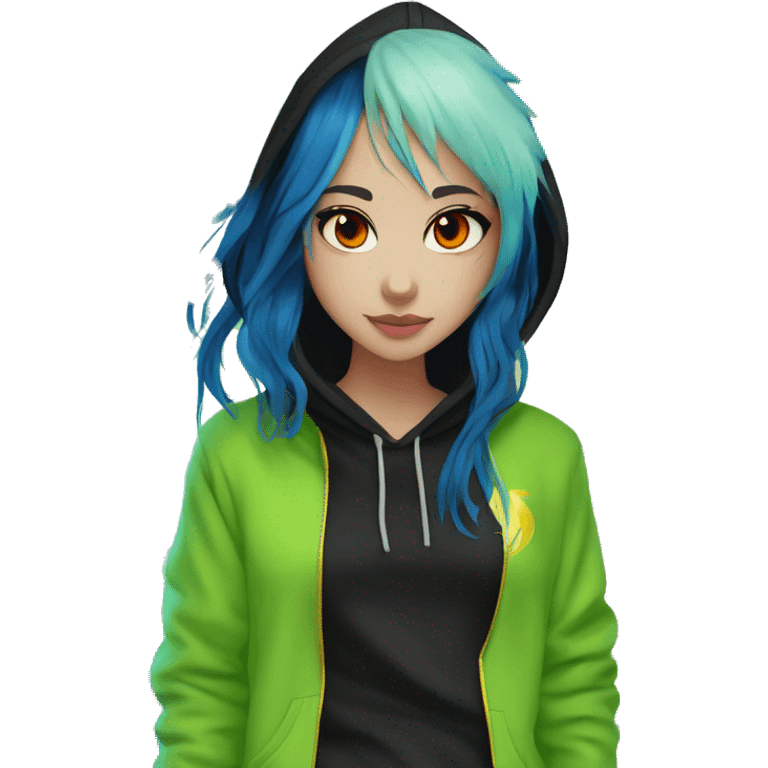 Lady with brunette and iridescent blue hair, gold, lime green dragon wings, black hoodie, bleach dyed, black and gold Nike t shirt, and bright red eyes emoji