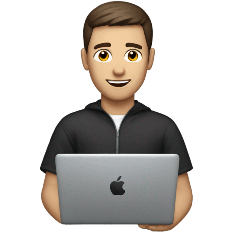 white guy with dark brown hair with crewcut haircut programming with a dark colored macbook emoji