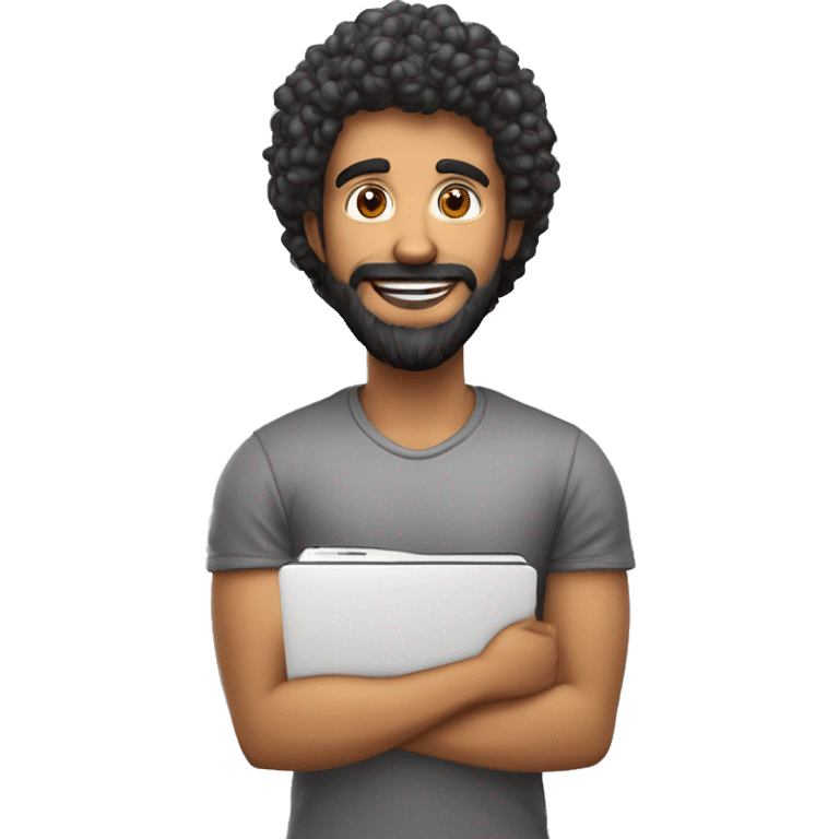 Homem sorrindo com notebook as pernas não devem aparecer, cabelo crespo e preto sem bigode e nariz pequeno estilo cartoon 3d jovem emoji