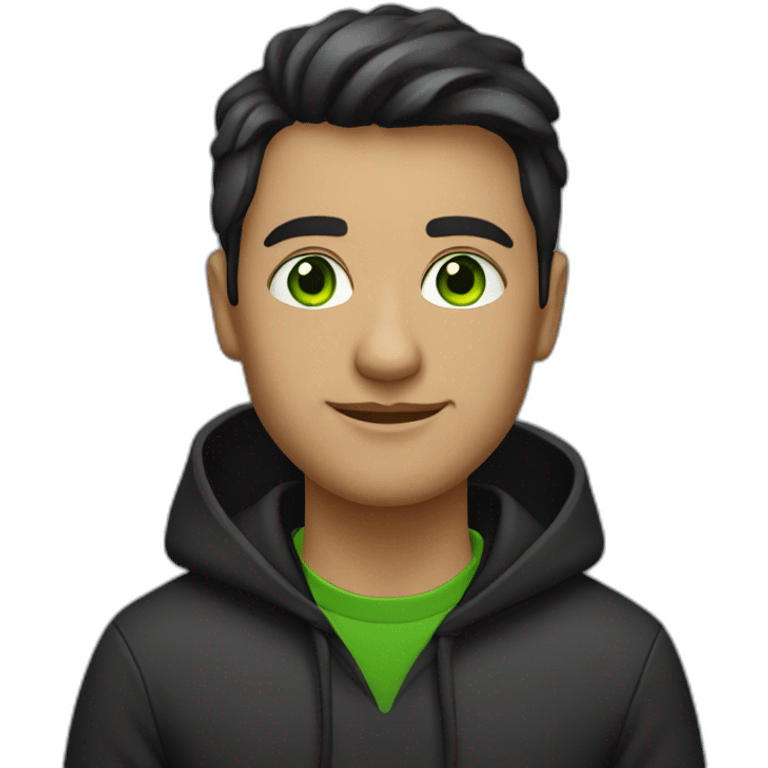 Programmer with dark fade haircut, green eyes without glasses in black hoodie emoji