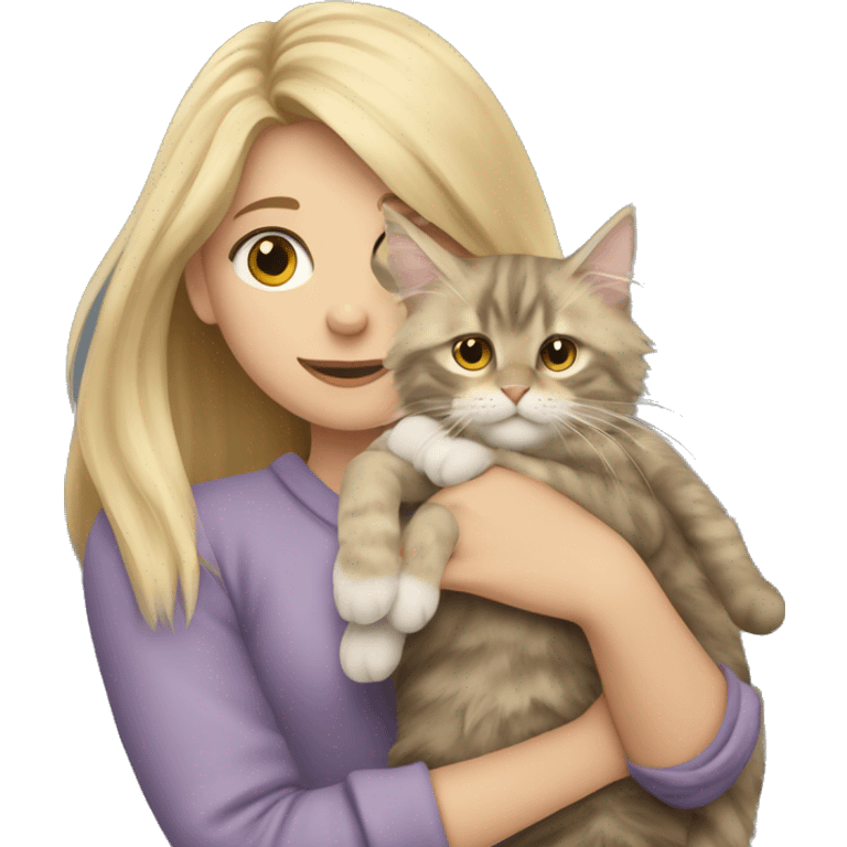 A blonde girl holds a maine coon cat in her arms emoji