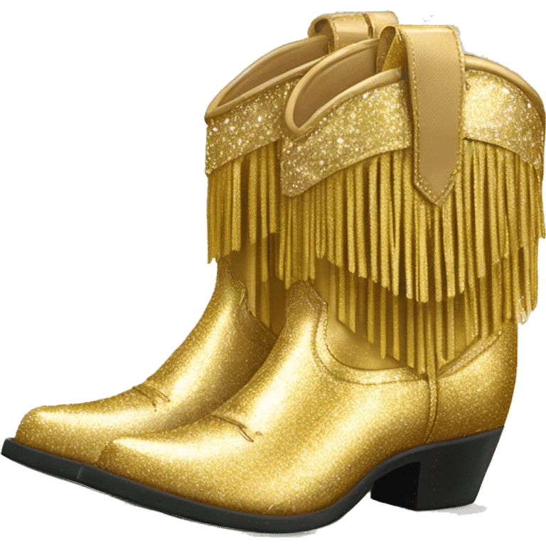 Realistic gold colored fashion cowgirl boots with sparkly shiny glitter fringe on them. emoji