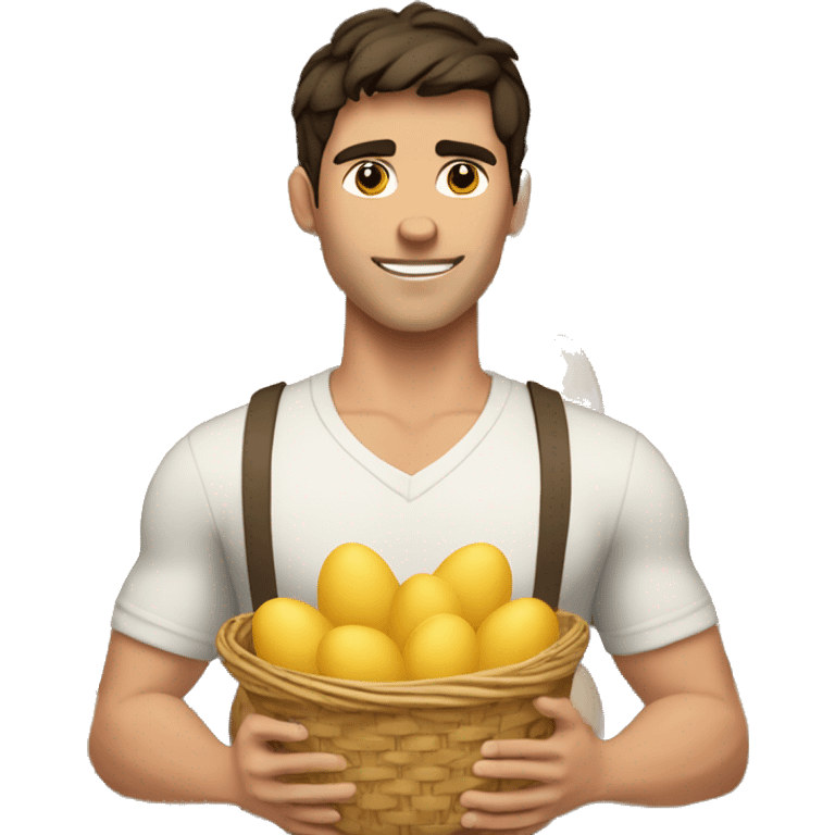 Buff white young man with dark hair holding one basket with a ton of eggs emoji