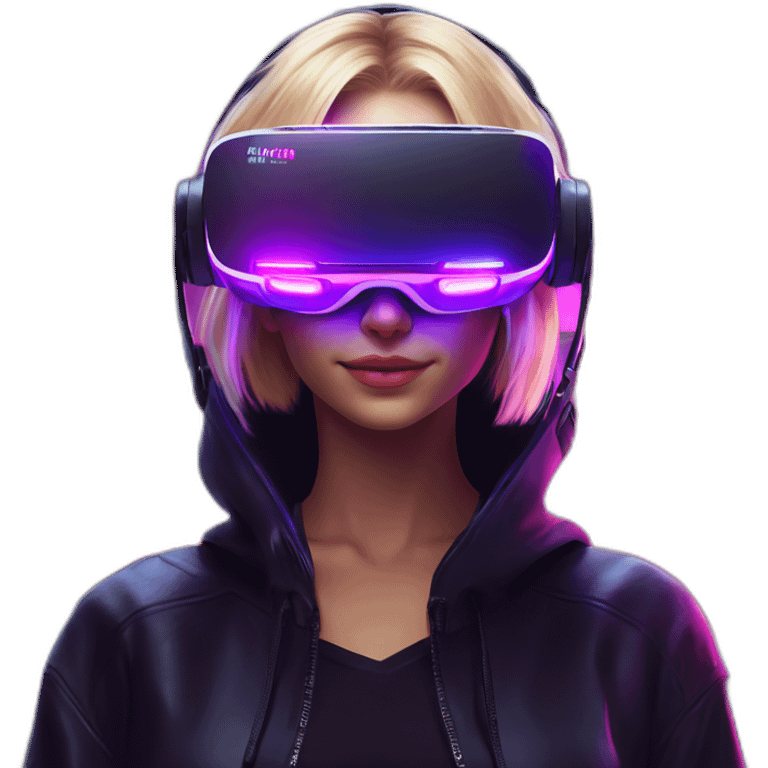 Russian blondy girl celebrating her birthday wearing a black hoodie and VR headset in a cyberpunk VR environment with violet neon lighting emoji