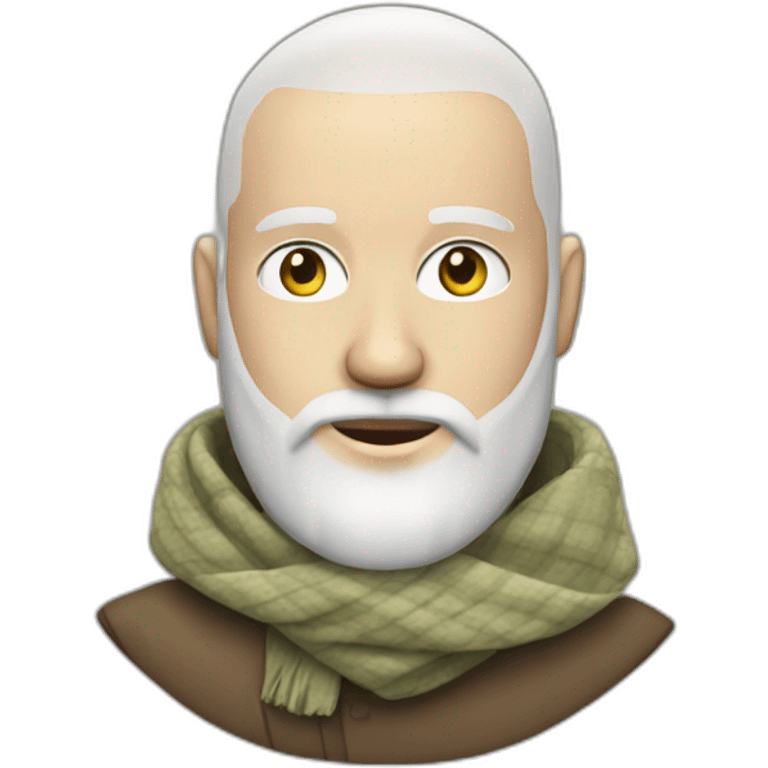 White head shaved man with a scarf on the back of the head wearing a beard emoji