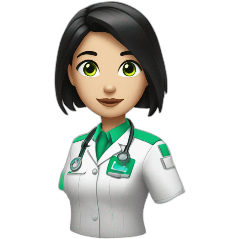 a medic girl with cream, shoulder-length black hair, with accessories, green eyes emoji