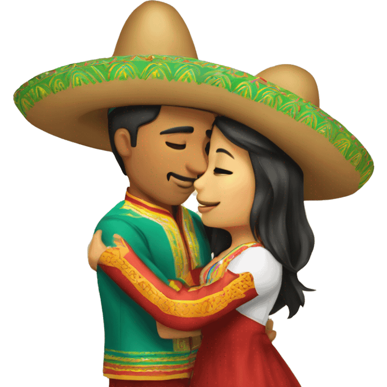 mexican man with sombrero kissing asian girl with traditional wear on emoji