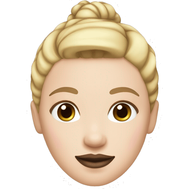 a woman with freckles, blue eyes, light skin, blonde hair with a bun, pink lips. black clothes. emoji