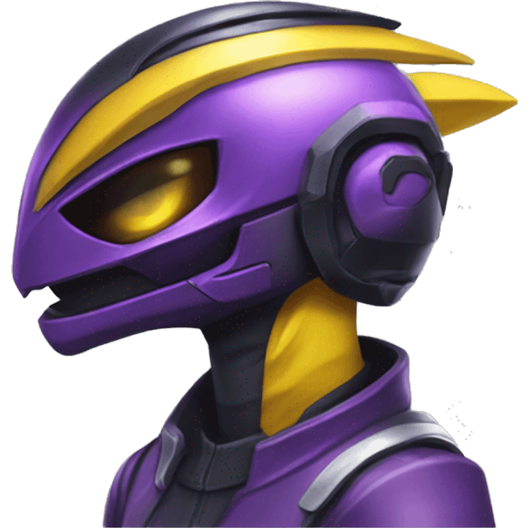 a shiny black-purple-yellow Genesect-Raptor-Fakémon—hybrid with a futuristic visor-helmet full bod emoji