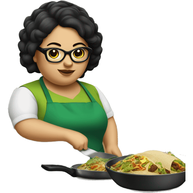 chubby lady with black hair green apron  with glasses cooking tacos emoji