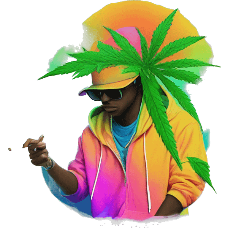 Hemp leaves Multicoloured neon person smoking wearing hoodie dancing hip hop bucket hat tropical Skater fashion aesthetic baggy clothes graphic t shirt 420 emoji