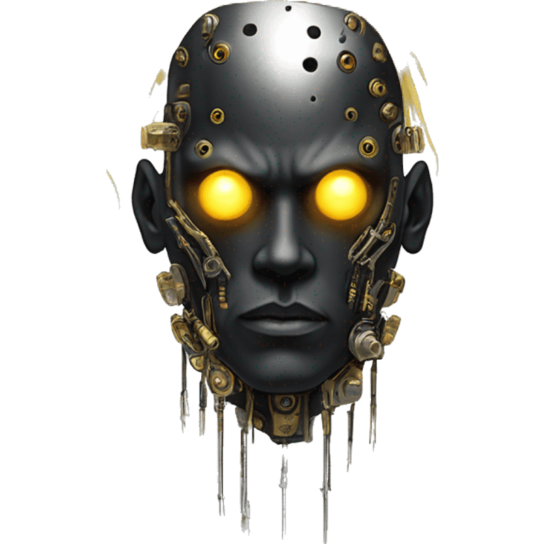 black metal male cyborg head with artificial eyeball, circuitry and wispy yellow gold hair emoji