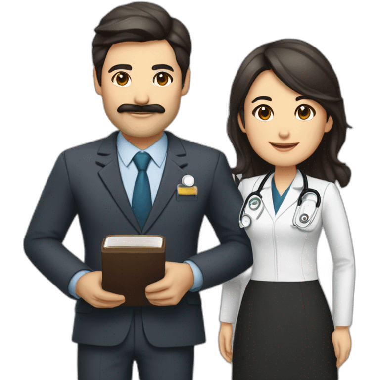 man american middle age with dark brown hair mustache and trimmed beard wearing a suit holding a bible, beside woman asian middle age with black shoulder length hair wearing a nurse uniform emoji