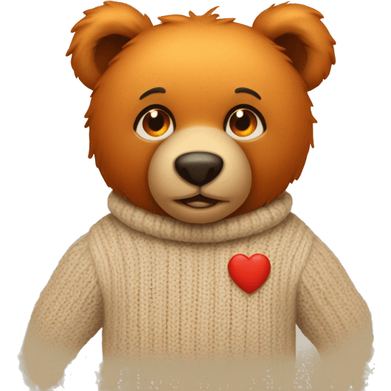 Orange eyes teddy bear wearing a beige sweater with a red heart in the middle emoji