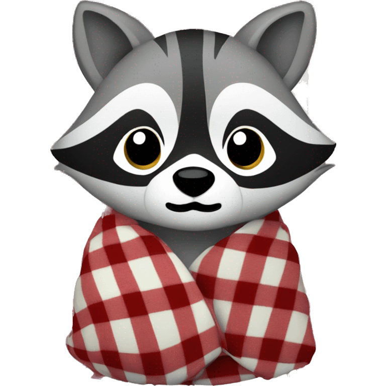 Raccoon wrapped in a checkered blanket facing front, iOS 18 style emoji