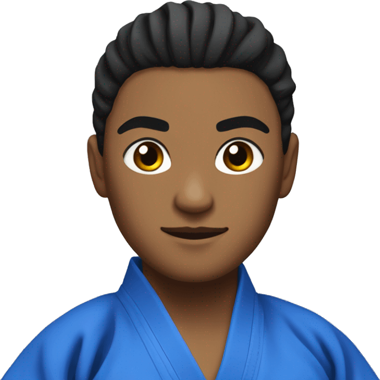 judo athlete all blue robe with black belt, serious face, hair in a bun emoji