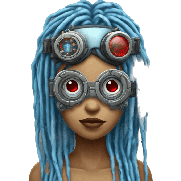 Light blue long dreadlocks female cyborg head with red steampunk goggles and circuits emoji