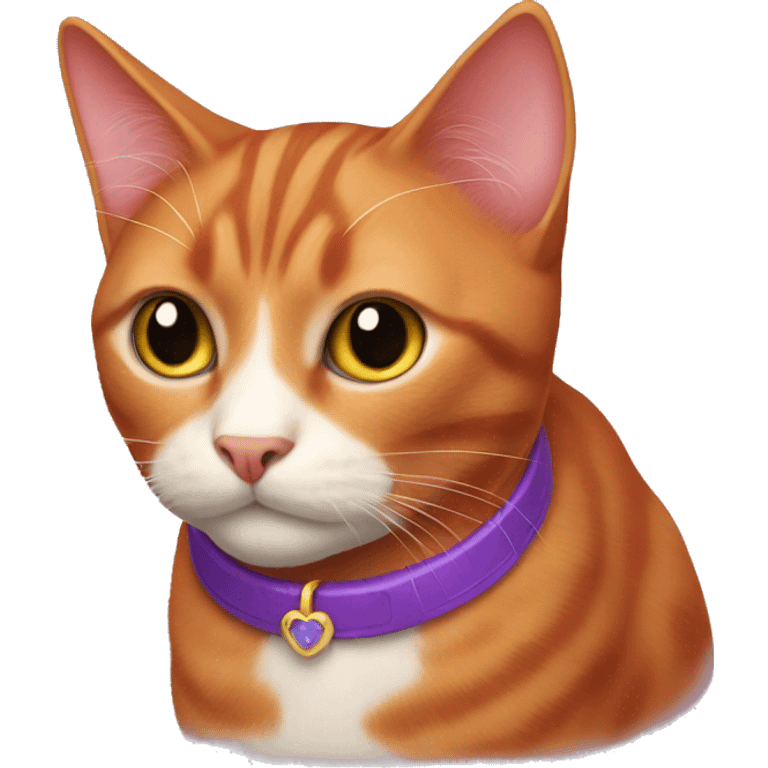 A red-haired cat with a tiny purple collar emoji