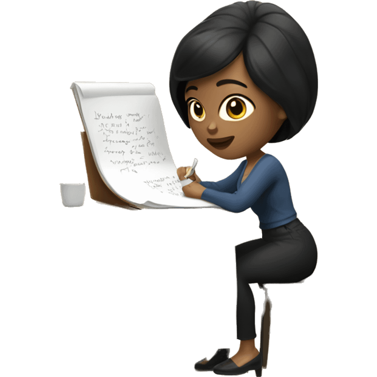 white skin woman with short black hair writing  a notebook on a wooden desk emoji