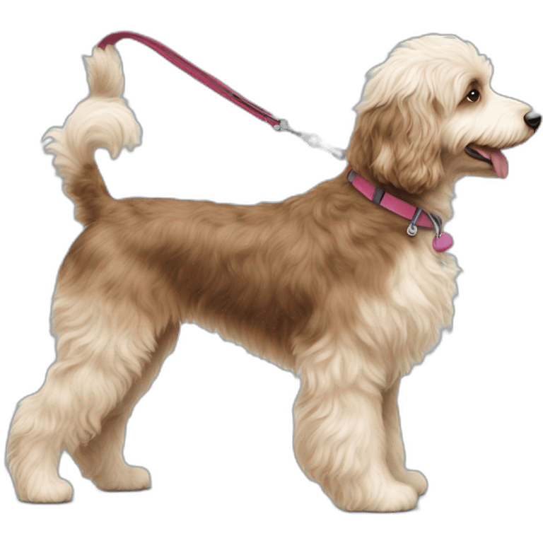 side profile of aussiedoodle on a leash going for a walk emoji