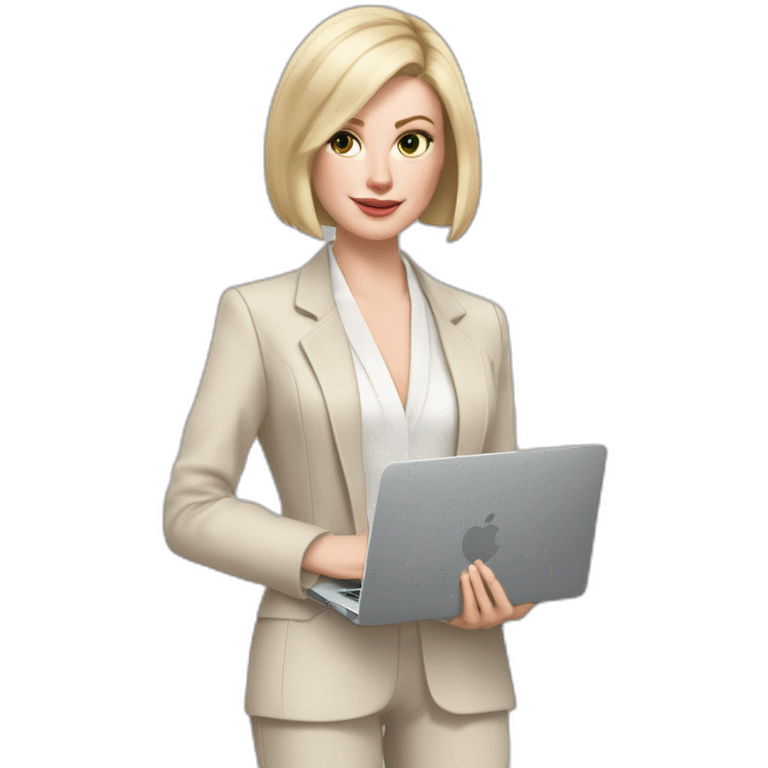 pale skin woman with ash blonde Straightened bob Hair, White Spacious classical jacket, beige palazzo Arrow pants and gray blouse holding a MacBook in the hands emoji