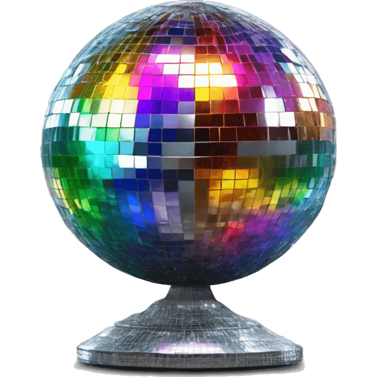 A glittering silver disco ball with detailed mirrored panels reflecting rainbow colours. Add beams of light radiating outward against a dark background.   emoji