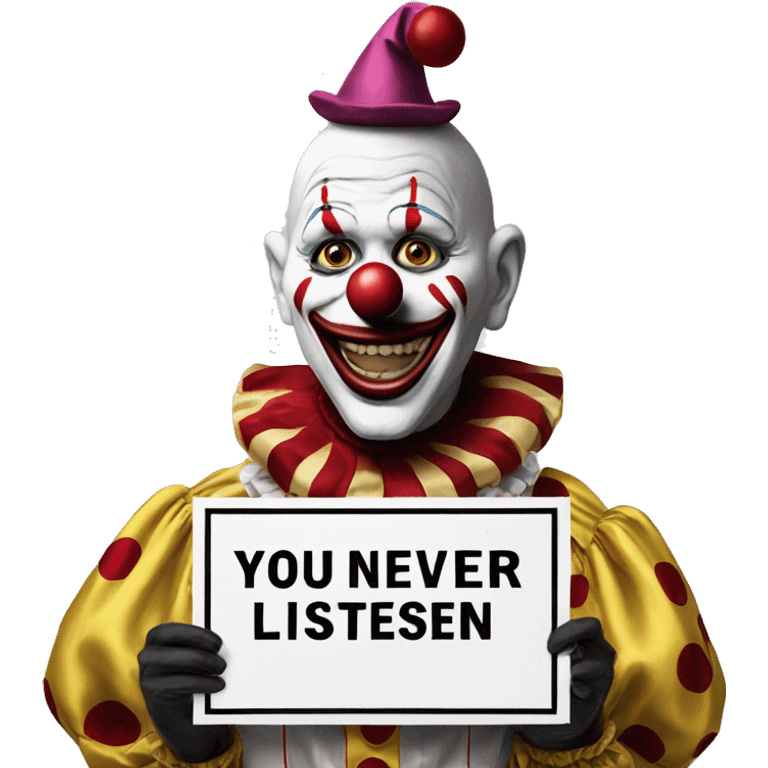 Clown holding a sign stating, "you never listen" emoji