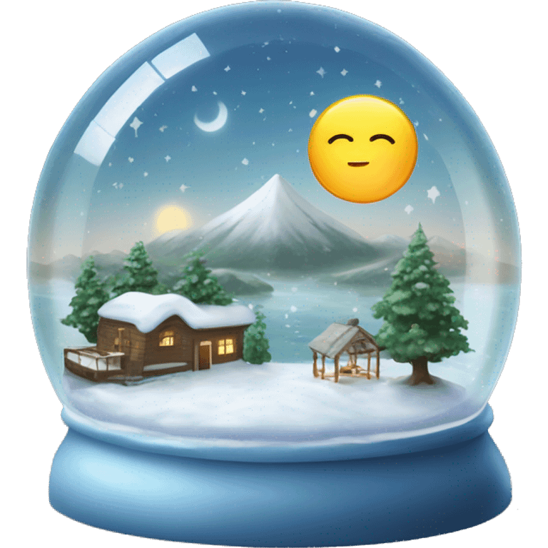 Semi-circular glass dome shaped like a snow globe with the sun and moon inside and land and water on the botto emoji