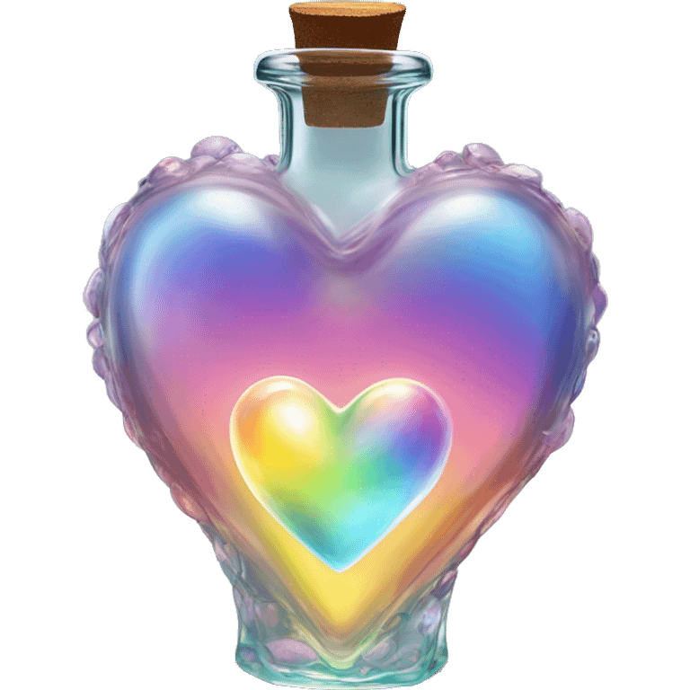 Antique oil heart bottle made of crystal glass of all gentle colors of the light rainbow, a living flower fairy sits at the bottom of the bottle emoji