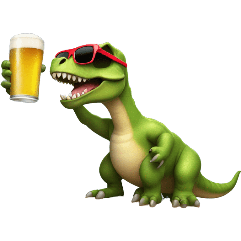 Dinosaur riding a surfboard with sunglasses on and drinking beer emoji