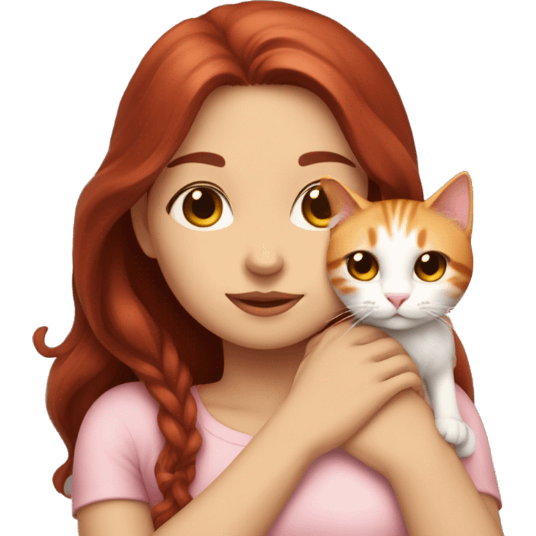 girl with long very dark red hair and dark brown eyes and light pink outfit hugging a white & ginger cat  emoji