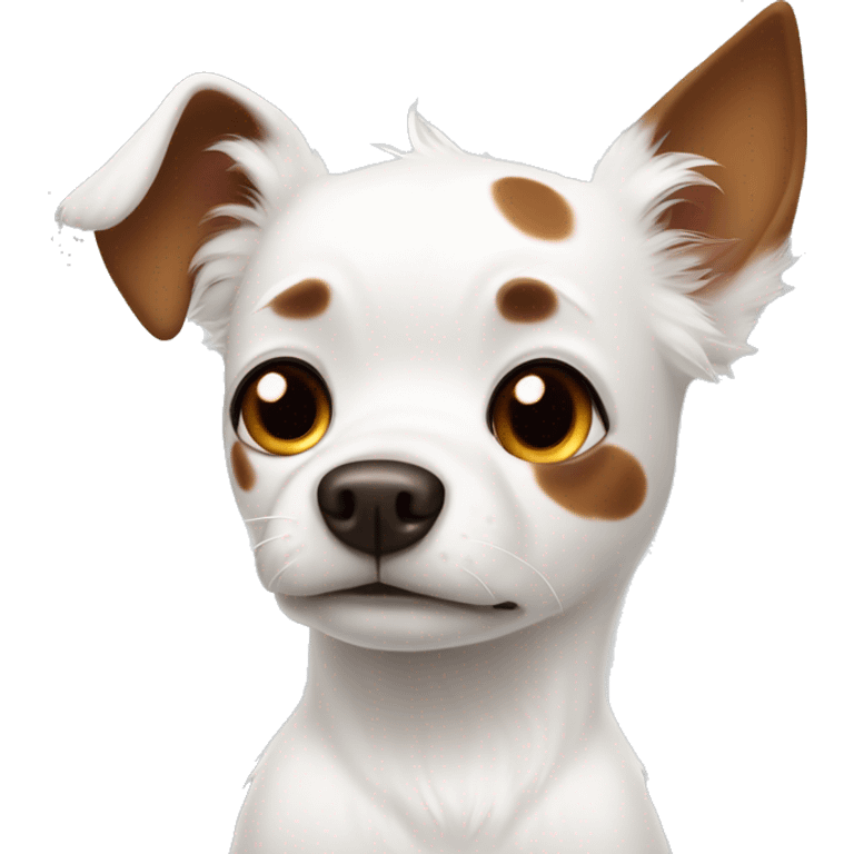 White dog with big brown spot on one eye. Little spots on ears emoji