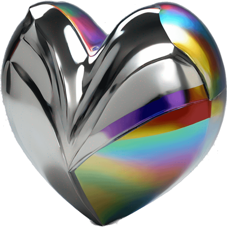 symbolic heart chrome sculpture symbolizing chromatic light with a geometric, faceted design. The heart is standing upright with angular and baroque features. The vibrant rainbow of colors highlights the sharp edges and planes.  emoji