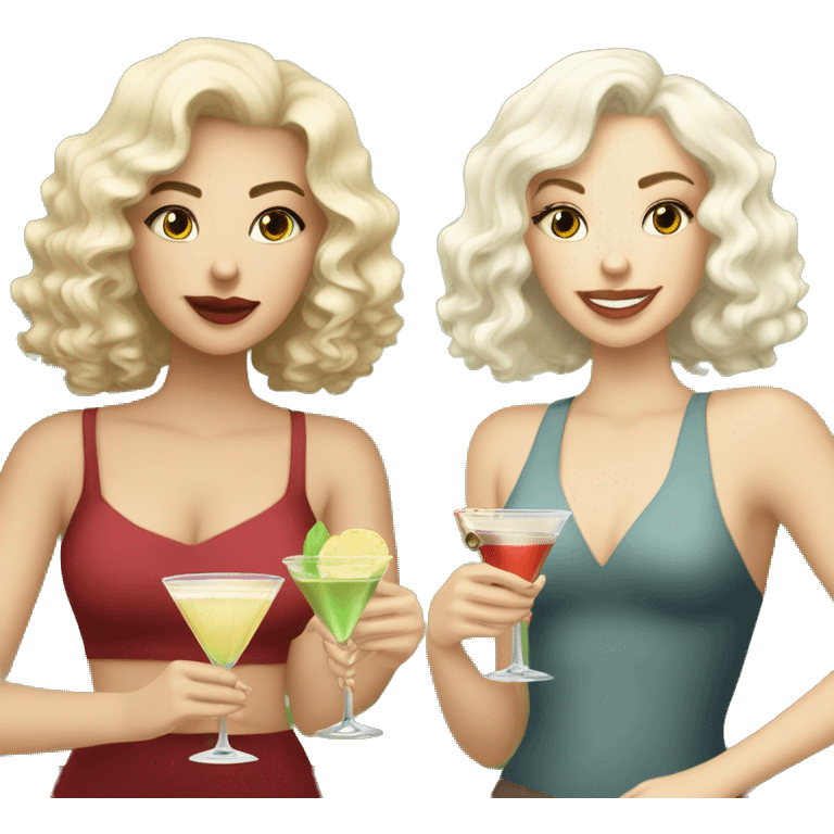 White brunette girl, white blonde curly haired girl, and white blonde straight haired girl all drinking martinis emoji