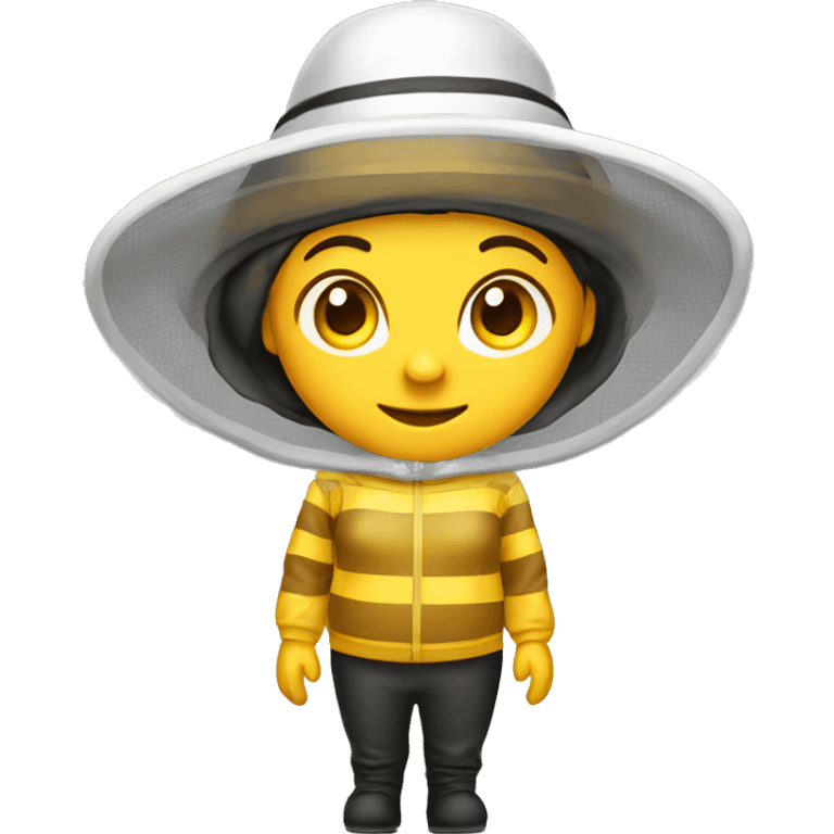 Beekeeper female wit full beekeeping dress. The beekeeper's protective clothing is white. The hat has a mesh surround. emoji