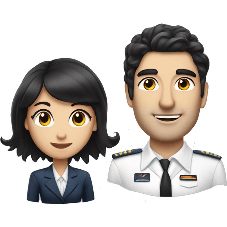 Flight attendant with long black hair and white skin with a pilot man with black hair emoji