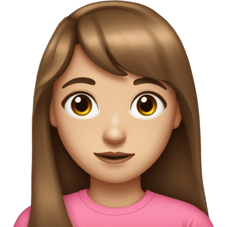 14-year-old girl with long brown hair and bangs brown and big eyes With tight pink t-shirt and a freckle on the right chek emoji