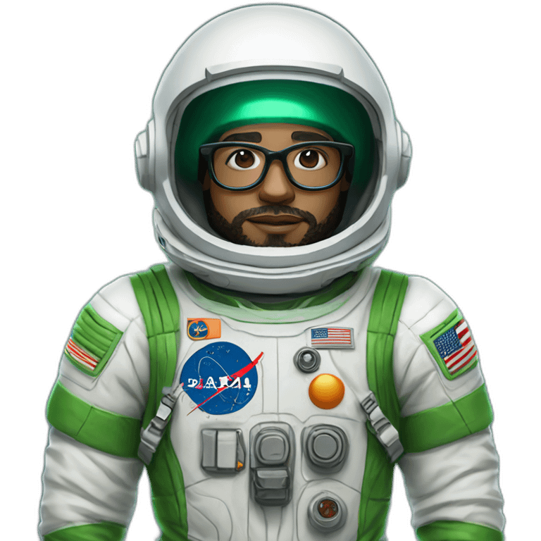 Light skin Man with black short curly hear and beard and black glasses wearing a green and white astronaut suit and helmet emoji