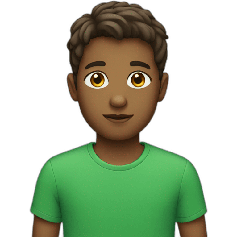 A brown boy with green shirt and blue eyes emoji